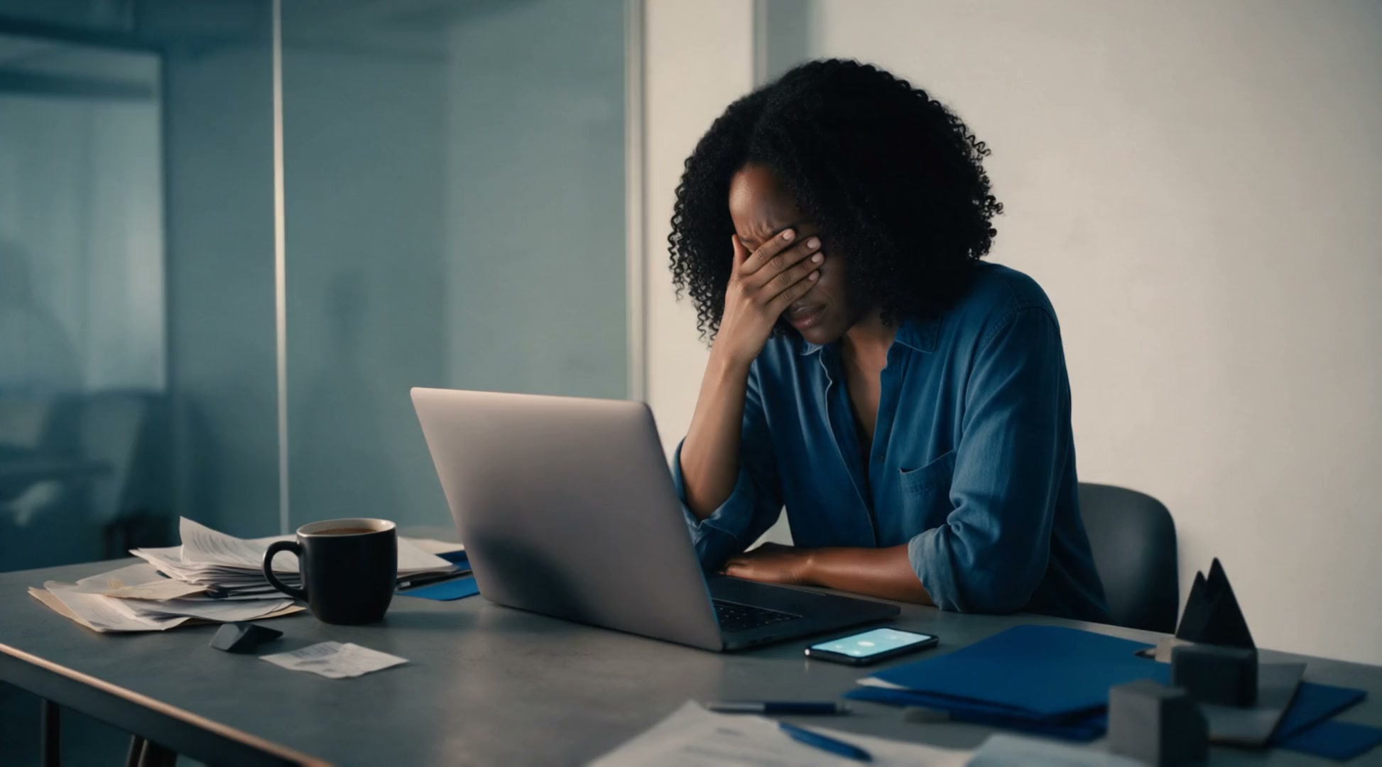 Dana sits exhausted at a late-night desk with her hand over her eyes