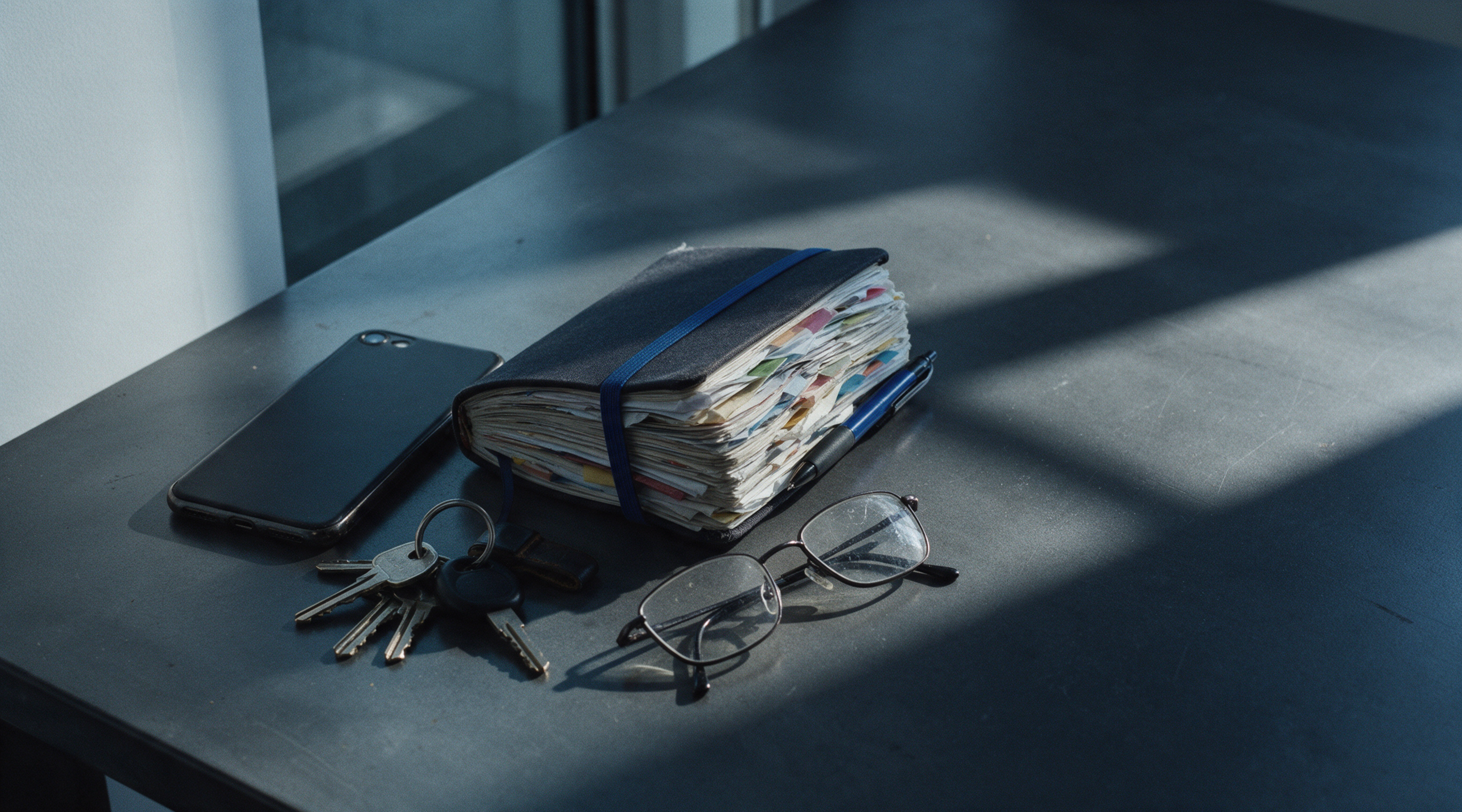 A crowded notebook, phone, keys, and glasses on a dark desk