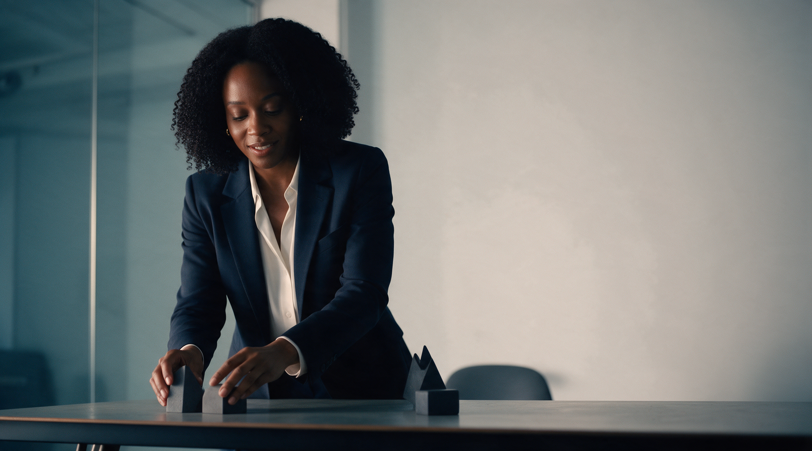 Dana in a navy blazer arranging three plain geometric objects on a table in her coaching studio