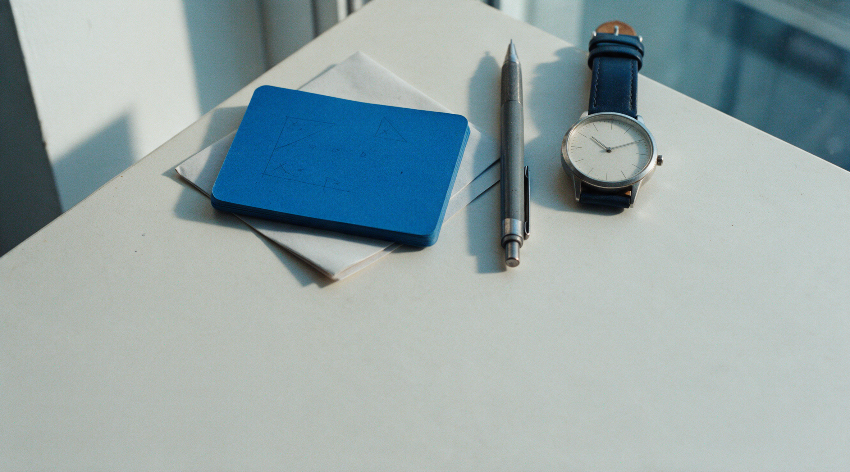 A blue notebook, pen, and analog watch on a pale table