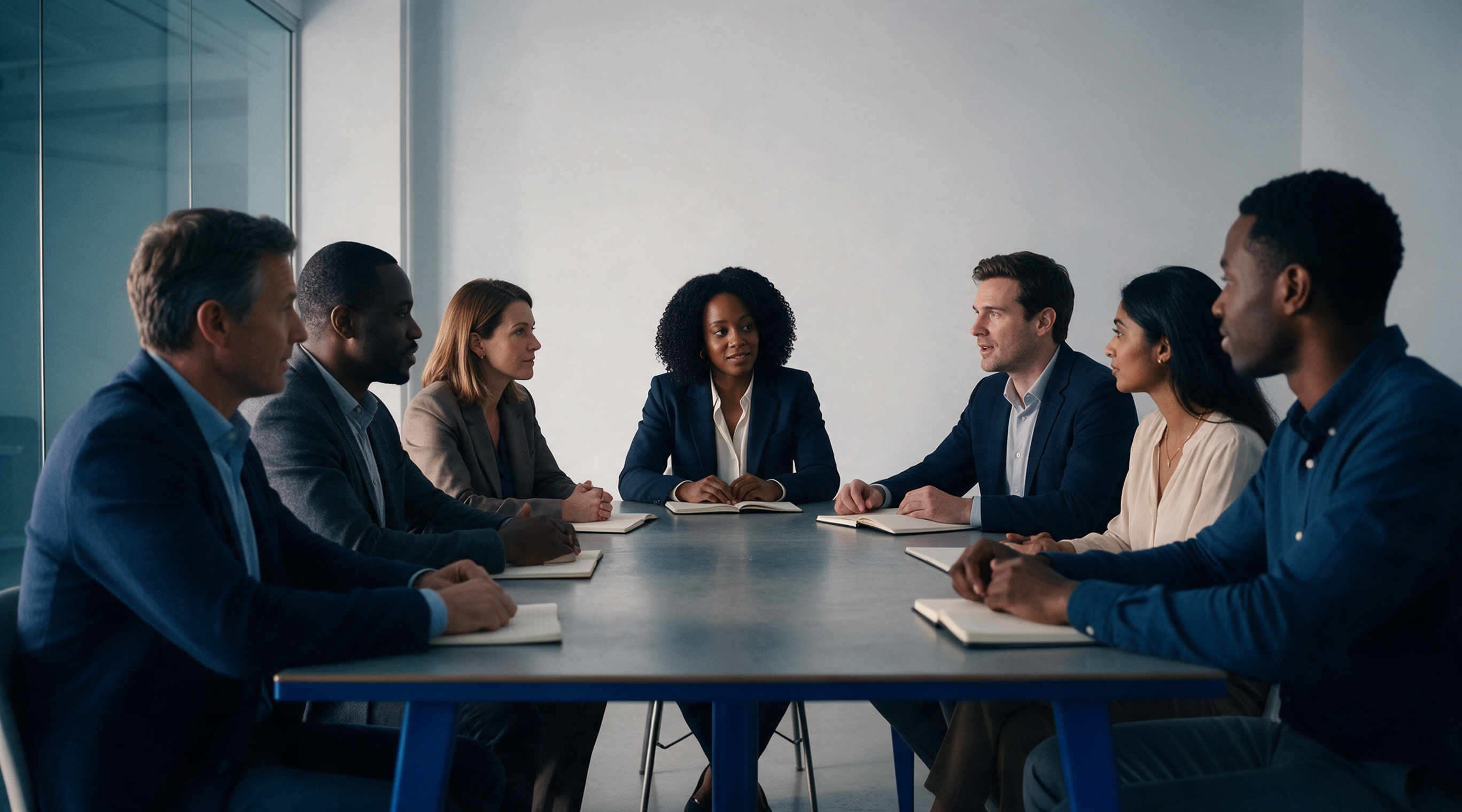 Dana in a navy blazer leads a small group of professionals around a workshop table